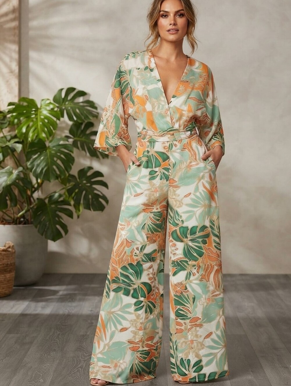 Floral Elegance Jumpsuit - Green and Orange